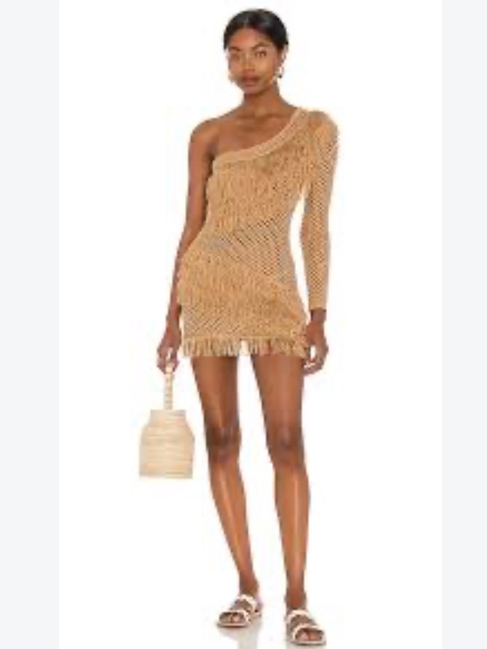 Tularosa One-Shoulder Crochet Mini Dress in Tan